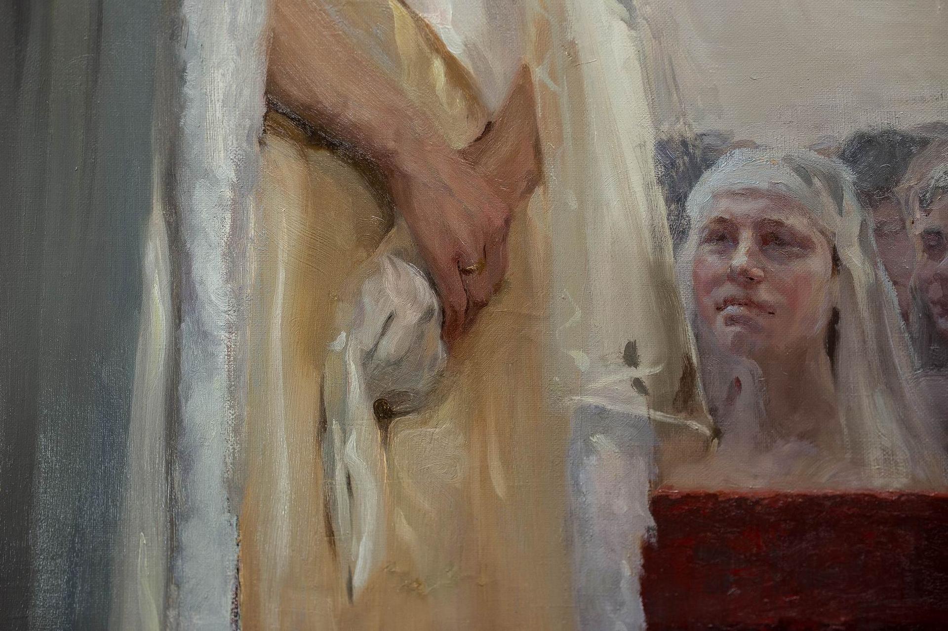 <em>"Încoronarea", detalii din pictura Elenei Bria în atelierul Academiei de Arte din Sankt-Petersburg, Rusia, 2018. Foto: arhiva personală a artistei.</em>