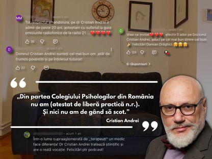 De peste 20 de ani, doctorul Cristian Andrei, mediatizat drept unul dintre cei mai buni psihoterapeuți din România, primește bani pentru ședințe de psihoterapie, cu toate că nu deține un atestat de liberă practică emis de Colegiul Psihologilor.