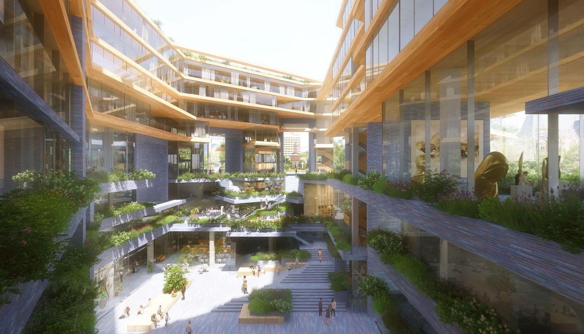 Proiectul câștigător al concursului de arhitectură de la Iași 2022, UNStudio - o imensă curte interioară, umbrită, care permite traficul pietonal și încadrează vederi către monumentele de arhitectură din piață