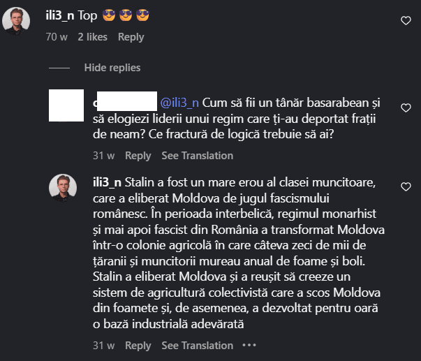 Ilie consideră că Stalin a fost un erou al clasei muncitoare. Captură de ecran via Instagram