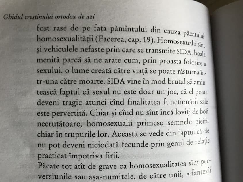 „Homosexualii sunt vehiculele nefaste prin care se transmite SIDA” – extras din „Ghidul creștinului ortodox de azi” de Vasile Răducă