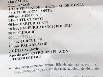 Listă pentru transplant: "500 de grame de crenvurști, 3 cutii brânză topită, un bax de hârtie igienică..."