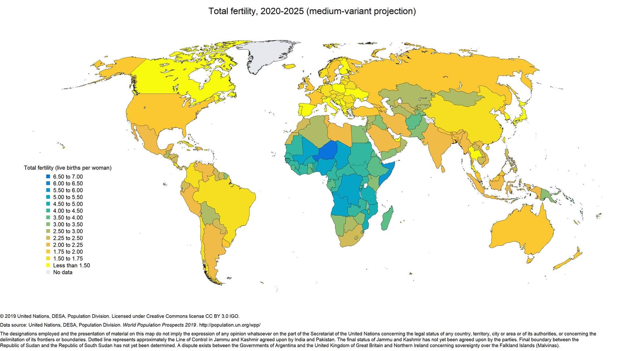 Rata fertilității în diverse țări de pe glob. China se numără printre țările cu cea mai scăzută rată, similară multor țări vestice
