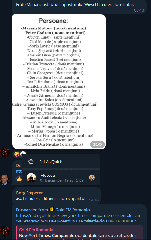 Mihai Florian i se adresează lui Motocu cu „frate” și îi laudă reușitele antisemite. Captură via Telegram