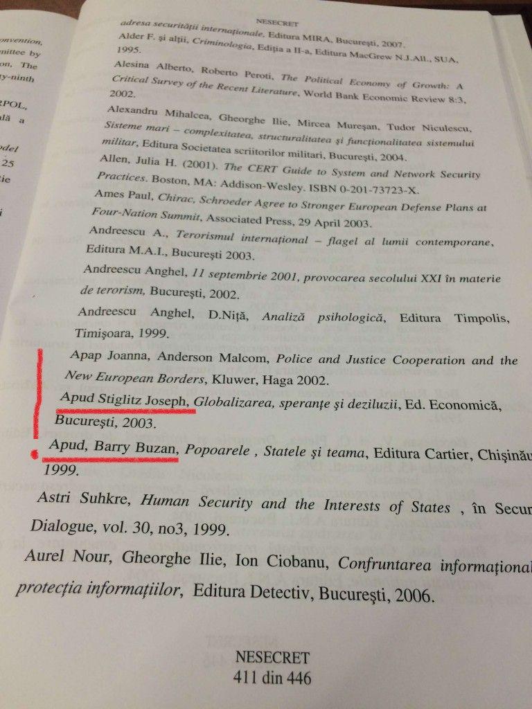 Petre Tobă i-a inclus în bibliografia tezei sale pe Joseph Stiglitz și pe Barry Buzan la litera A