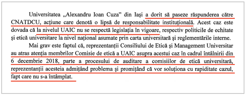 Fragment din documentul CEMU din 25.07.2019 din care reiese că în decembrie 2018, după ce a fost auditată, Comisia de Etică a UAIC – condusă de conf. univ. Ovidiu Gavrilovici – s-a angajat să soluționeze „cu rapiditate” cazul Olaru/Toader
