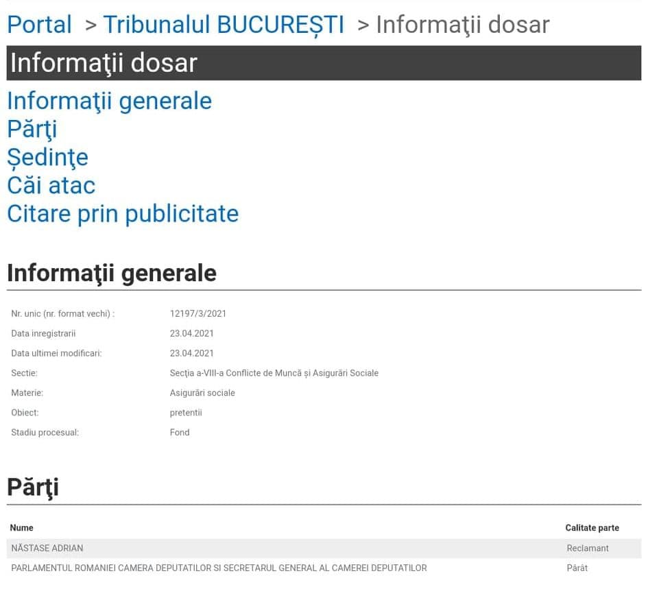 Captură de pe portalul Tribunalului București, 24 aprilie 2020