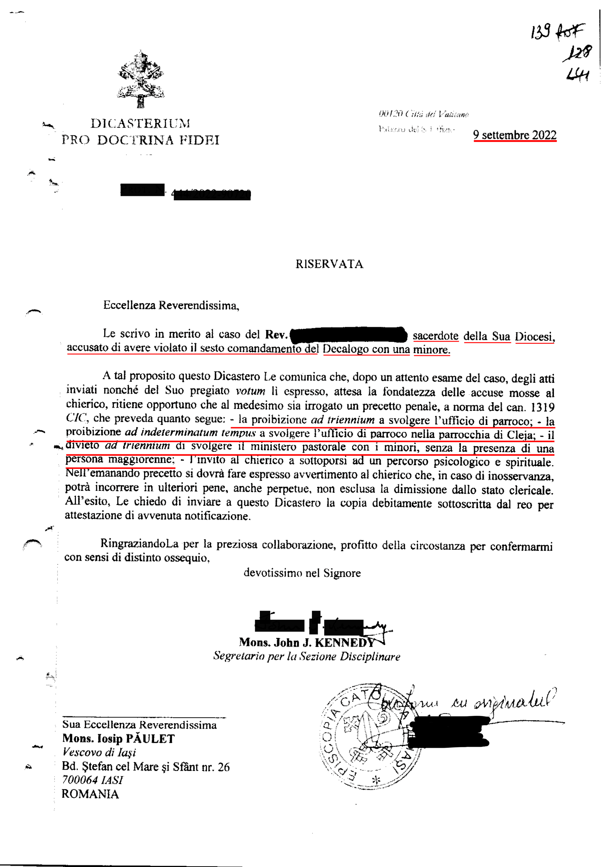 Sancțiunea pentru preotul Augustin Benchea a fost stabilită de Secția Disciplinară a Bisericii Catolice de la Vatican și comunicată episcopului de Iași, Iosif Păuleț de arhiepiscopul John J. Kennedy