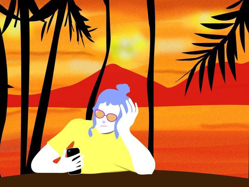 Vacanța se alege pe telefon și apoi se petrece pe telefon.
Ilustrație de Livia Jelea