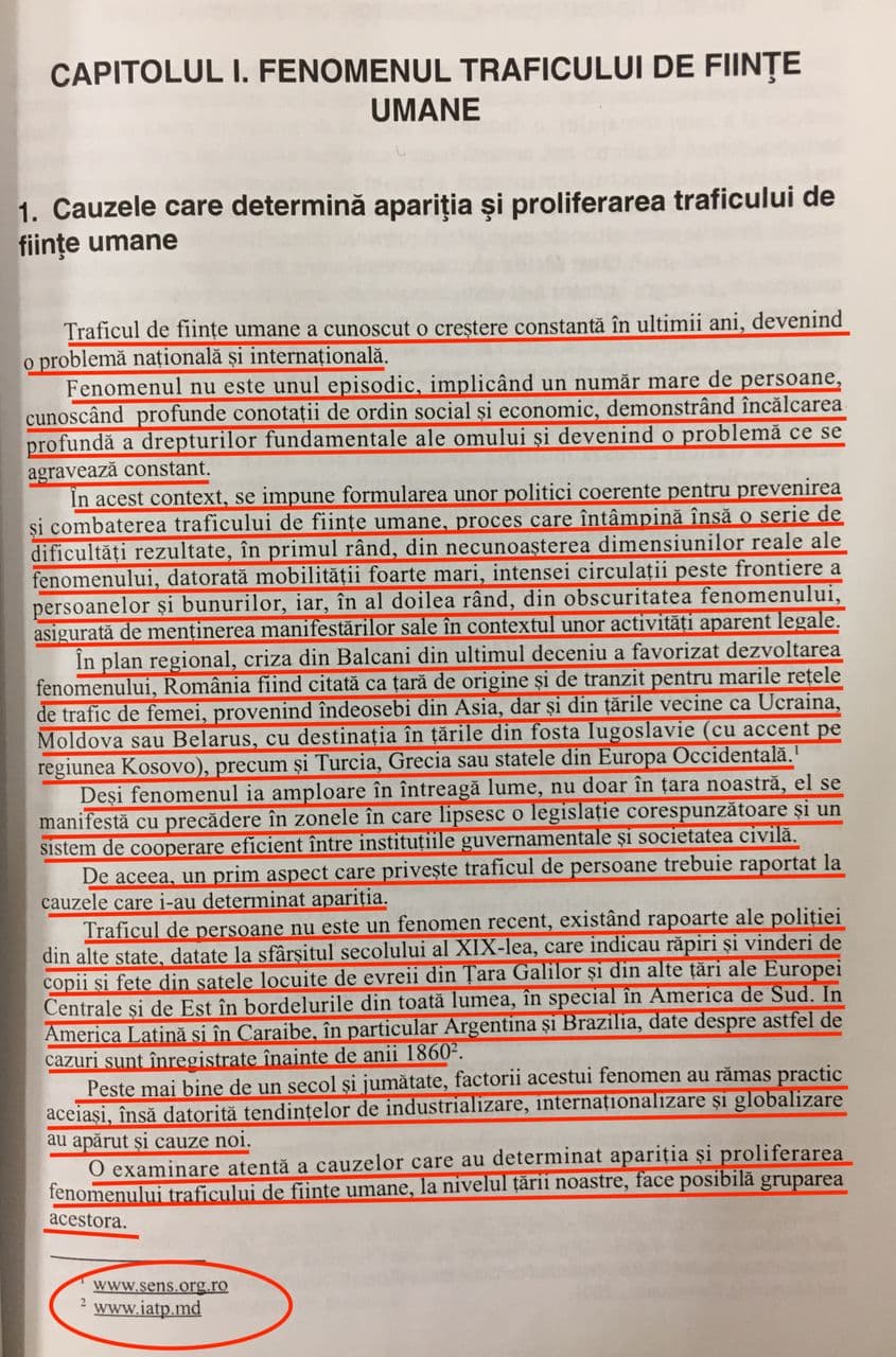 ORIGINAL. Pagină din cartea „Traficul de ființe umane. Infractor, victimă, infracțiune”, semnată, printre alții, de Raluca Prună și Gheorghiță Mateuț.