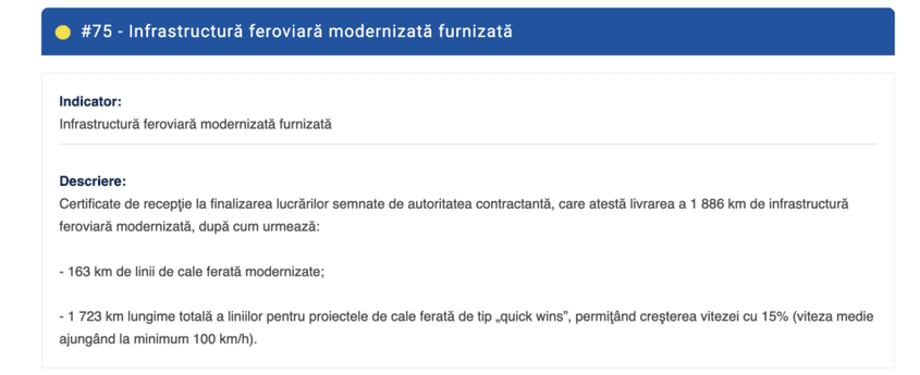 O parte din infrastructura feroviară modernizată cu ajutorul fondurilor din PNRR. Foto: captură <a target="_blank" rel="noreferrer noopener" href="https://monitorpnrr.eu/entitate/?id=75" data-type="URL" data-id="https://monitorpnrr.eu/entitate/?id=75" target="_blank">Monitor PNRR</a>