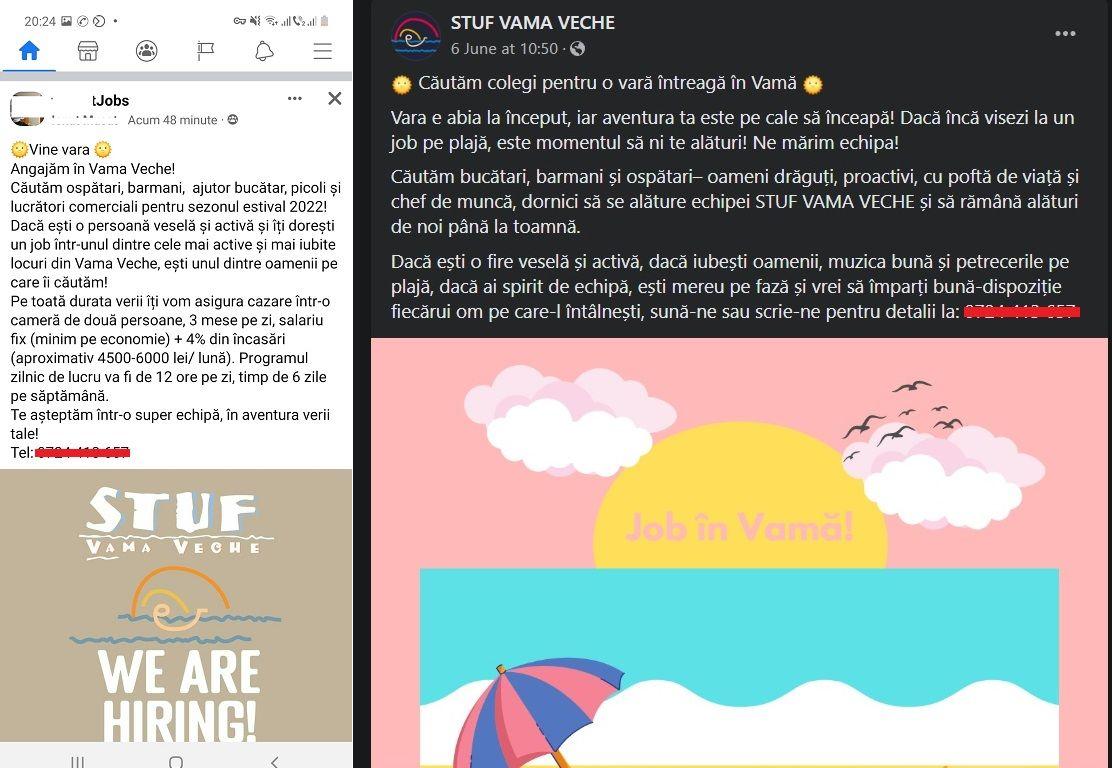 În stânga e anunțul postat pe un grup privat de Facebook, în dreapta e cel postat pe pagina oficială a localului