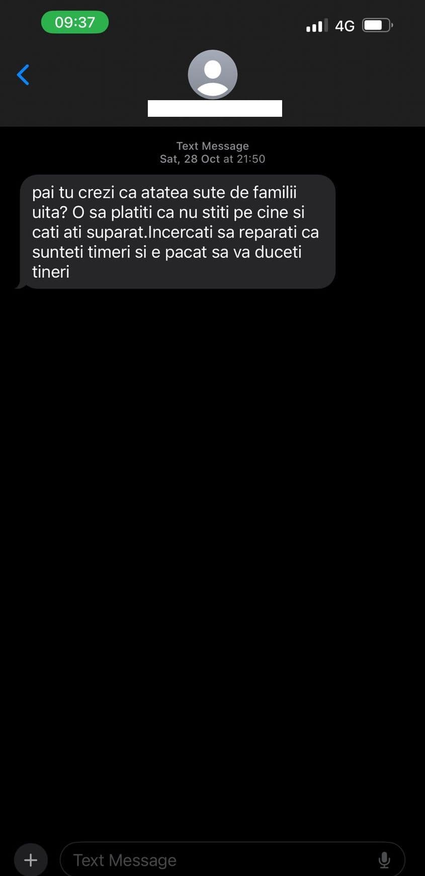 SMS primit de Elena, o fostă angajată a ONG-ului, în octombrie 2023