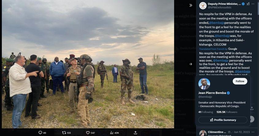 Olivier Bazin, de la Agemira (stânga) și Horațiu Potra (dreapta) apar într-o fotografie din 2023 publicată de Jean Pierre Bemba, criminal de război și fost ministru al Apărării în Congo. Captură de ecran via Twitter
