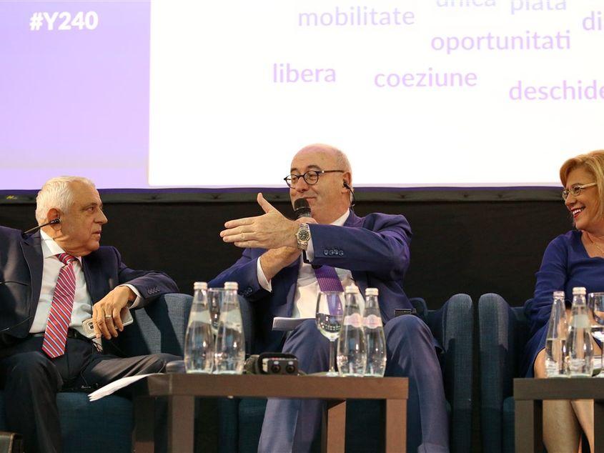 Ministrul Petre Daea, alături de comisarii europeni Phil Hogan și Corina Crețu, la dezbaterea organizată în septembrie de Facultatea de Studii Europene a UBB Cluj. Foto: Dan Bodea / Transilvania Reporter