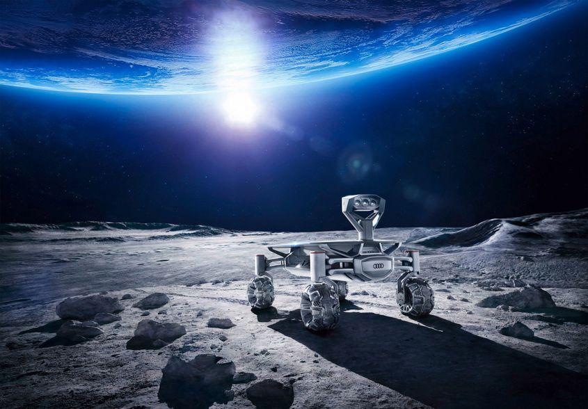 Companiile private încep să folosească Luna ca pe un fundal pentru campanii publicitare. În imagine, roverul Audi Lunar Quattro.
