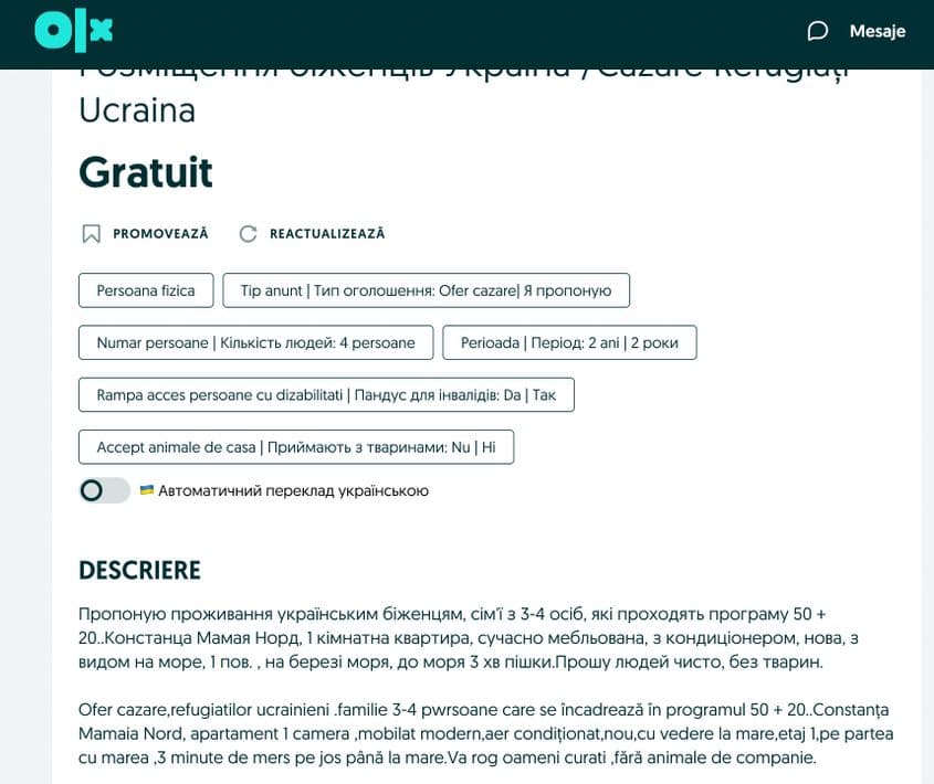 Anunț de pe OLX.ro: un apartament de o cameră - deci, o garsonieră - în care proprietarul vrea să cazeze 3-4 oameni