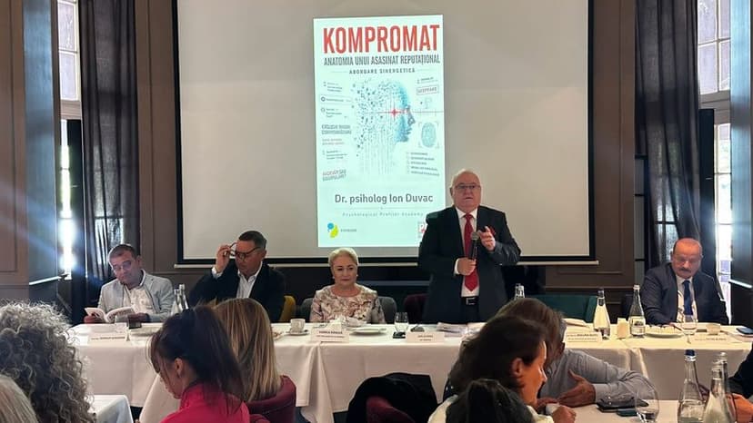 Viorica Dăncilă și Victor Ponta, foști premieri ai României și foști lideri PSD, au fost invitați la lansarea cărții „Kompromat" a psihologului Ion Duvac, cercetat penal pentru agresiune sexuală, viol și folosirea abuzivă a funcției în scop sexual. Foto: Facebook / Ion Duvac
