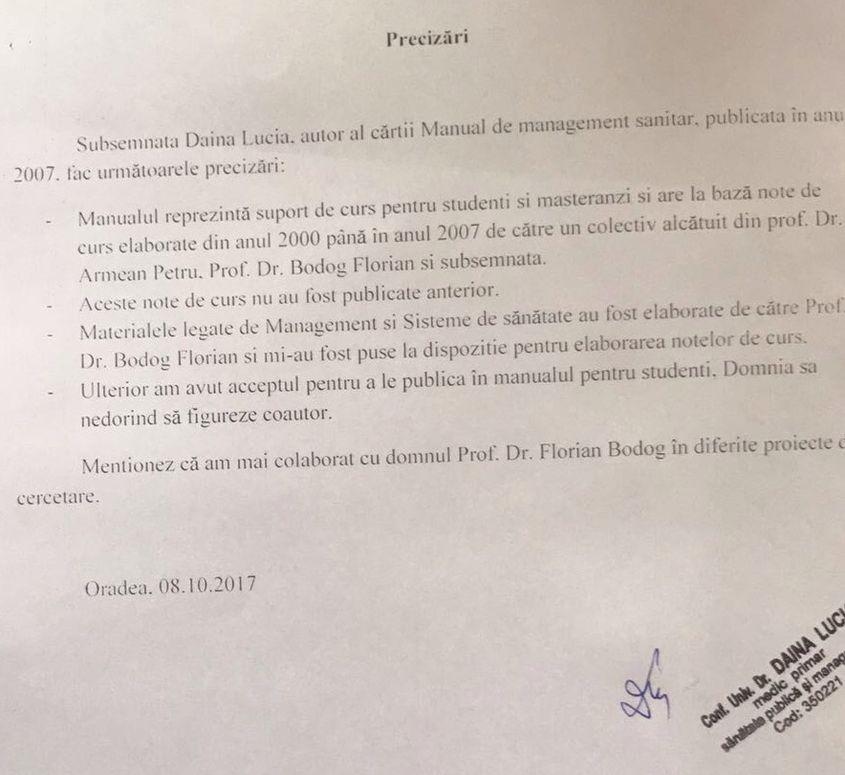 Facsimil cu precizările medicului Lucia Daina, ataşate la punctul de vedere al Biroului de Presă de la Ministerul Sănătăţii.