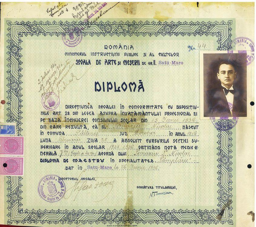 Diploma de la Şcoala de Arte şi Meserii din Satu Mare.