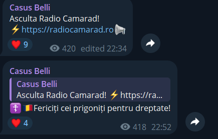 Radioul a fost promovat și de canalul de Telegram asociat magazinului de îmbrăcăminte cu tematică extremistă Radical Entourage. Captură foto via Telegram