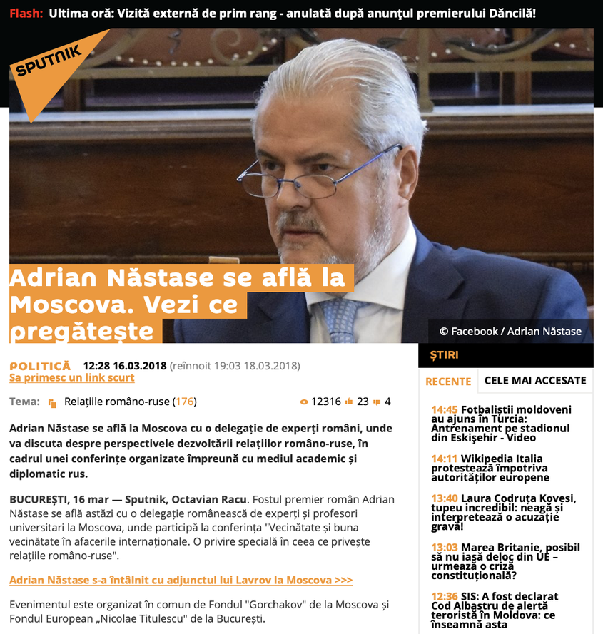 Acum un an, fostul premier Adrian Năstase a făcut o vizită la Moscova, în care a discutat cu personalități academice despre „perspectivele dezvoltării relațiilor româno-ruse”. (Printscreen de pe site-ul Sputnik în limba română)