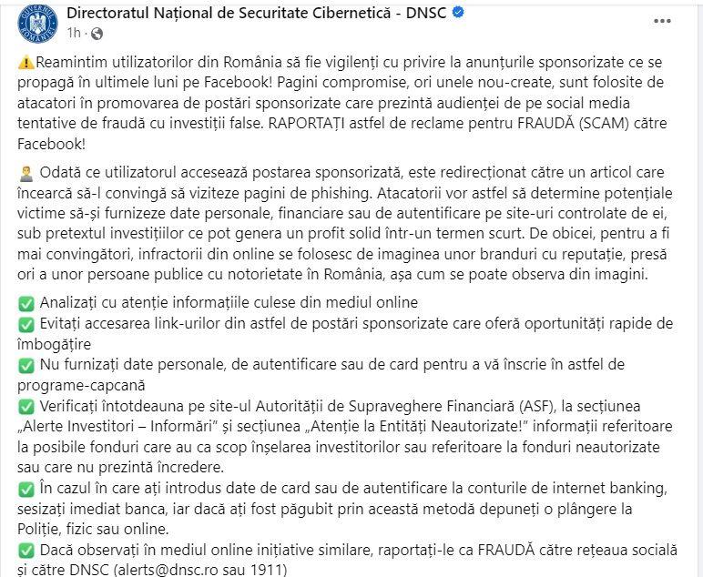 Singurul avertisment privind cazul Romgaz publicat în luna august a fost dat după solicitarea PressOne. sursa foto: Facebook/ DNSC