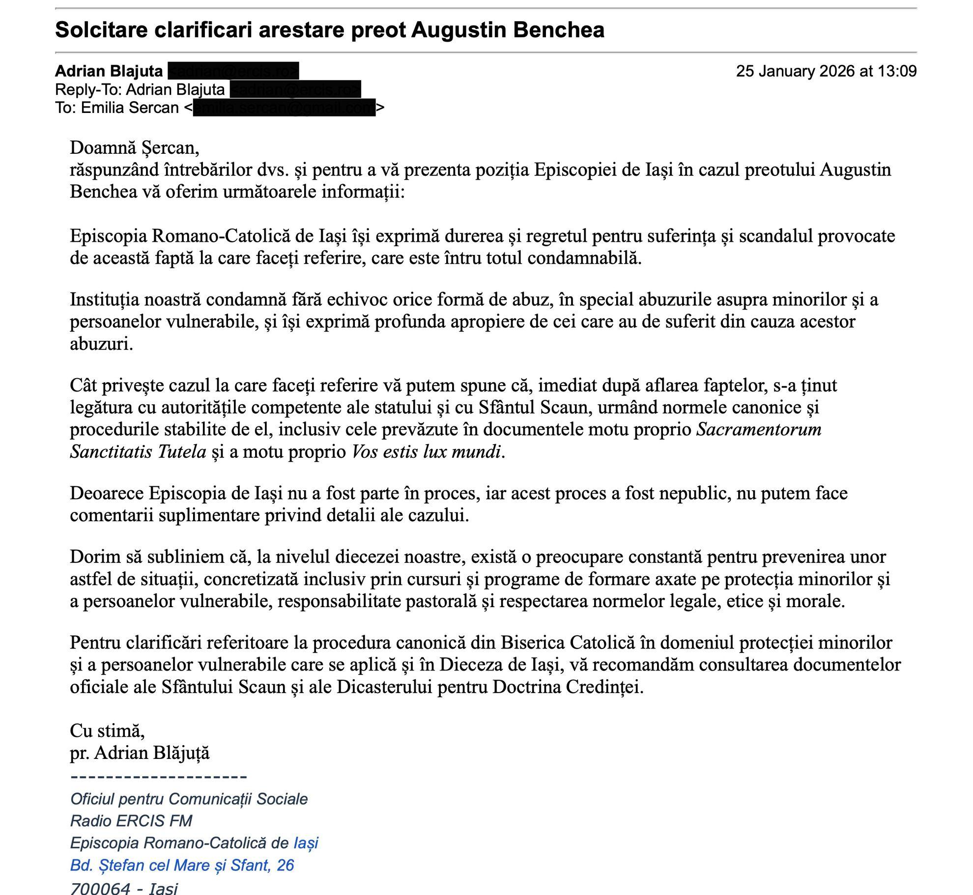 Punctul de vedere transmis PressOne de către Episcopia de Iași