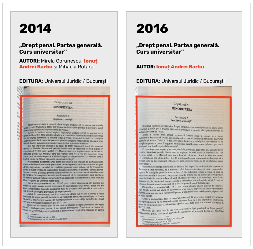 În cartea din 2014, Capitolul XI este semnat de Mihaela Rotaru. În cea din 2016, Ionuț Andrei Barbu - unic autor - preia cele 16 pagini fără ghilimele, făcând câteva doar trimiteri în note de subsol.