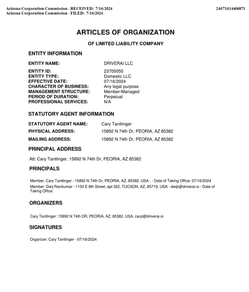 Registrul companiilor din Arizona, SUA, indică data de înființare a companiei DriverAI: 16 iulie 2024.