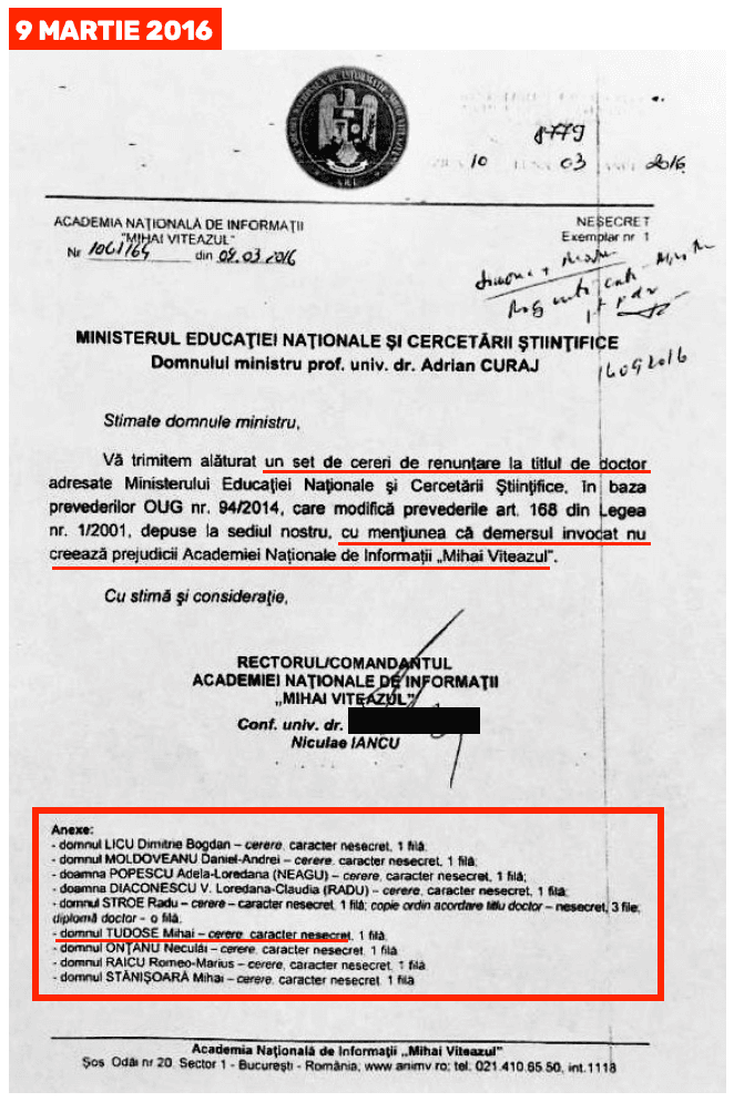 La o lună după ședința strategică din februarie 2016, Academia SRI își asumă rolul de intermediar instituțional între 9 dintre doctorii săi și minister, argumentând că cererile de renunțare la titlu nu-i "creează prejudicii"