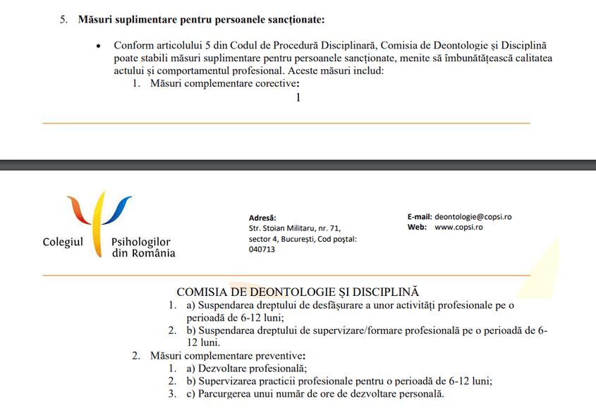 Răspunsul Colegiului când întrebăm ce măsuri se iau împotriva unui psihoterapeut care comite abuz terapeutic. Captură de ecran dintr-un comunicat transmis de Comisia de Deontologie a Colegiului Psihologilor