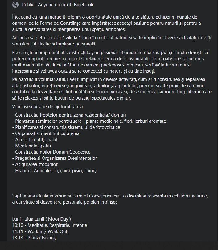 Ferma caută voluntari. Captură foto via pagina de Facebook a Fermei de Conștiință