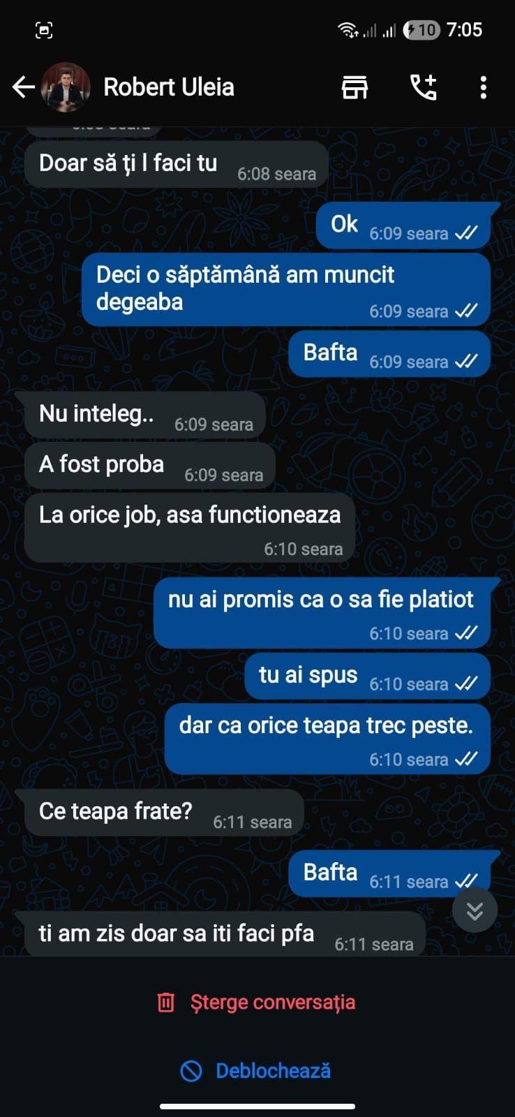 Robert oferă justificări contradictorii când este întrebat de bani. Captură de ecran via WhatsApp