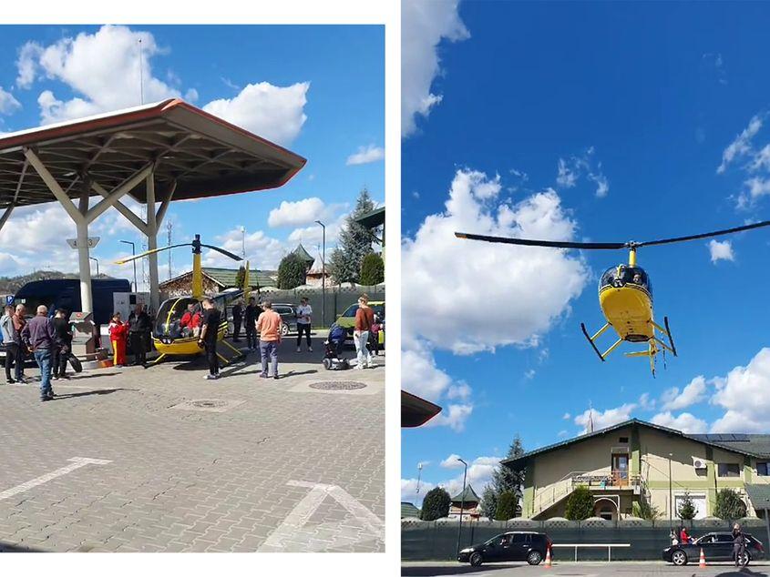 Un elicopter de uz personal a aterizat într-o benzinărie din Curtea de Argeș. A alimentat și a plecat. Foto: screenshot bigi.bas / TikTok